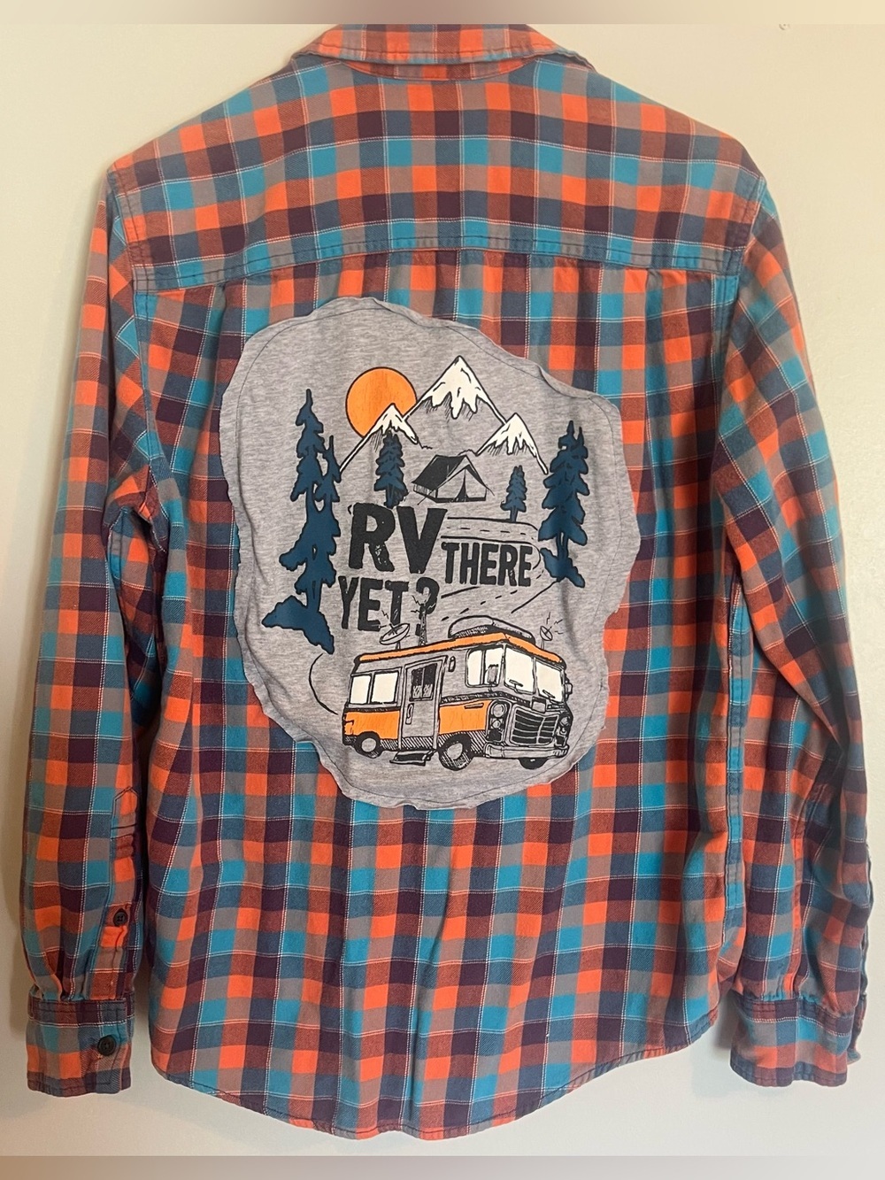 RV There Yet? Plaid Flannel Upcycled Shirt with Graphic Back